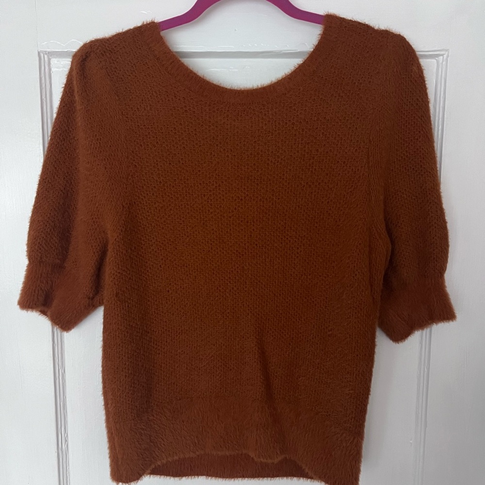 Short sleeve sweater. Burnt orange, soft, fuzzy feel size L